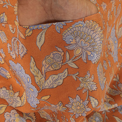 Sanskriti Vintage Saree Orange Pure Crepe Kalamkari Floral Sari 5.5+Yard Fabric