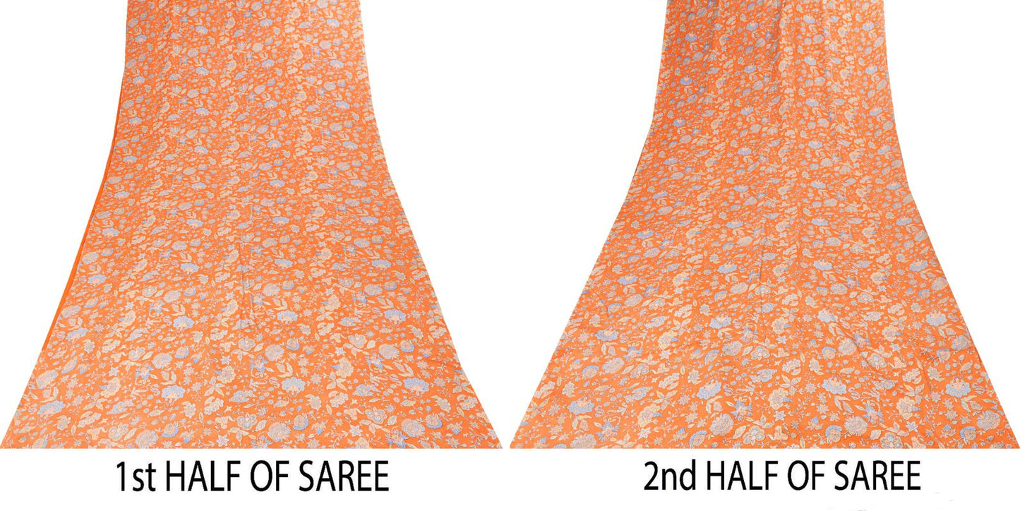 Sanskriti Vintage Saree Orange Pure Crepe Kalamkari Floral Sari 5.5+Yard Fabric