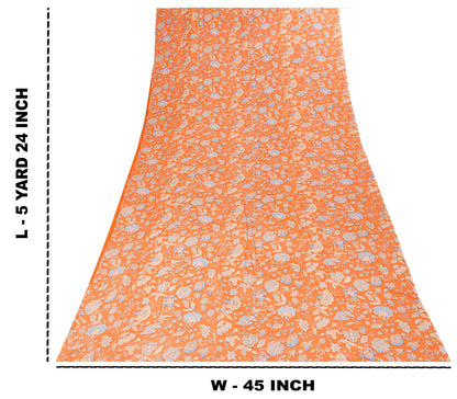 Sanskriti Vintage Saree Orange Pure Crepe Kalamkari Floral Sari 5.5+Yard Fabric