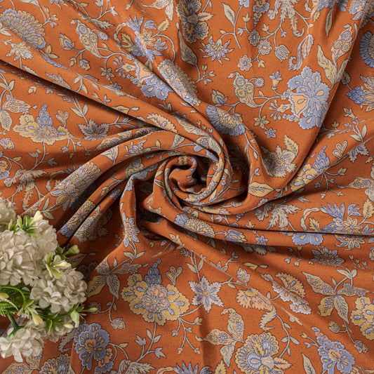 Sanskriti Vintage Saree Orange Pure Crepe Kalamkari Floral Sari 5.5+Yard Fabric