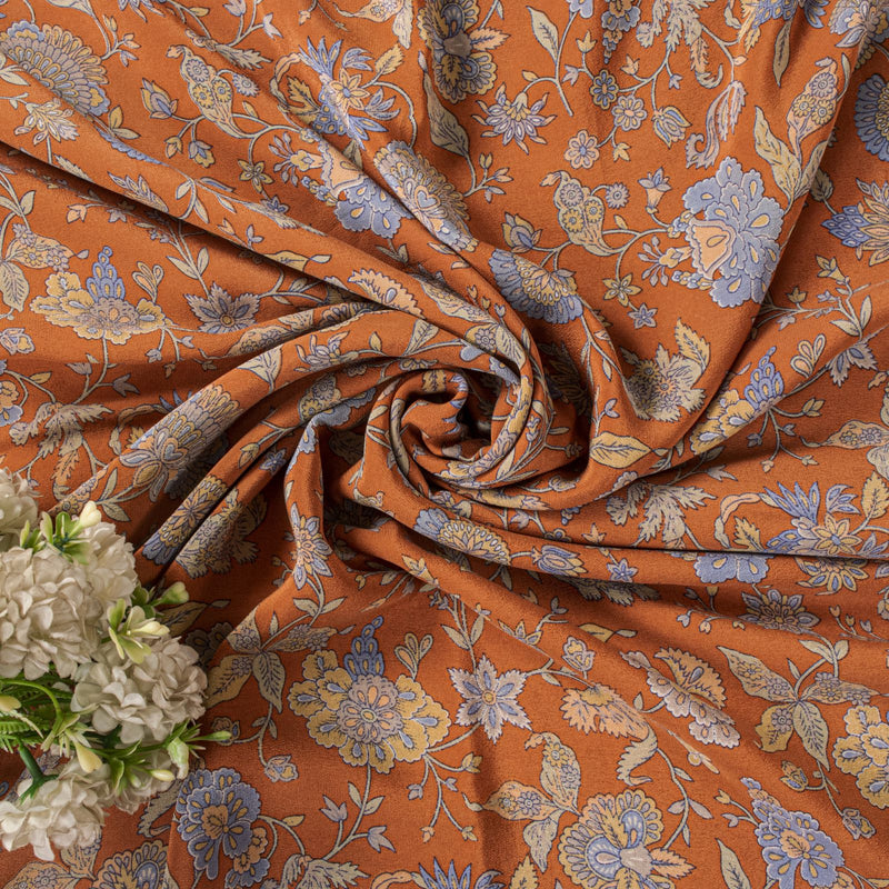 Sanskriti Vintage Saree Orange Pure Crepe Kalamkari Floral Sari 5.5+Yard Fabric