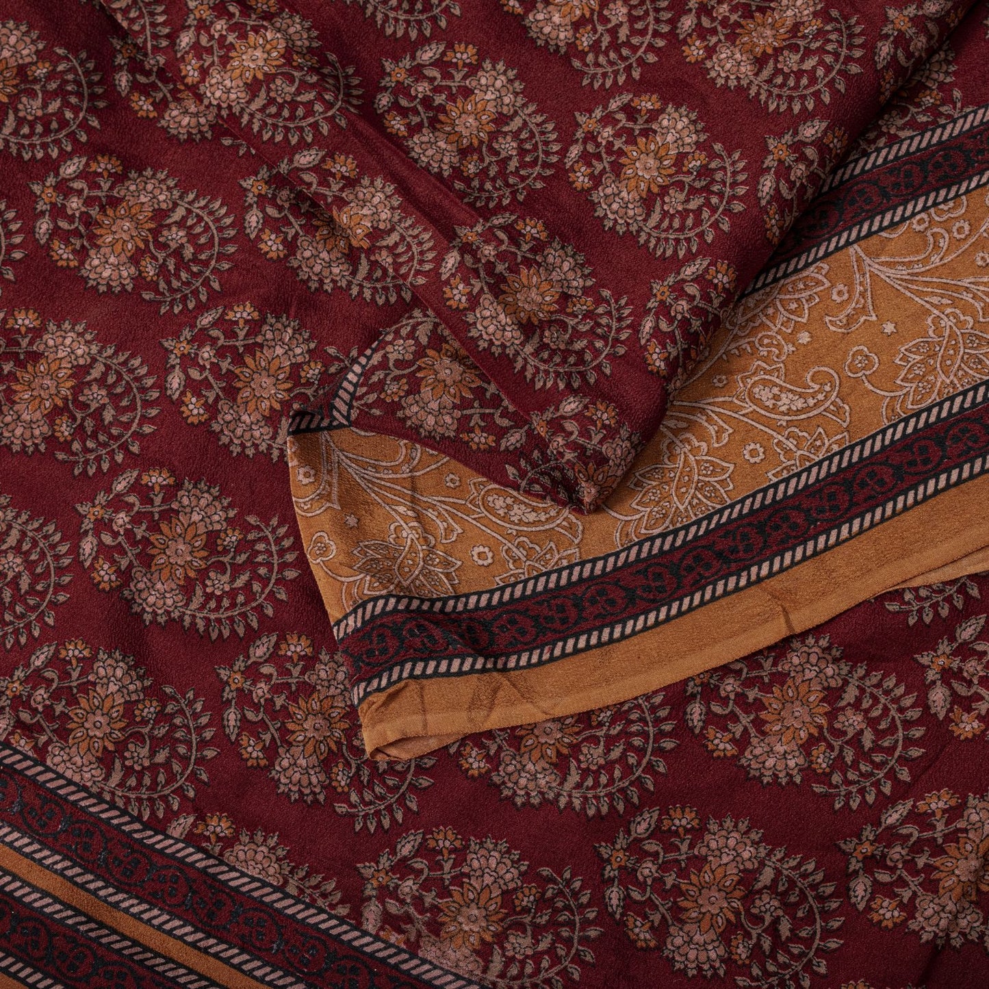 Sanskriti Vintage Saree Brown Pure Crepe Block Style Print Sari 5.5+Yd Fabric