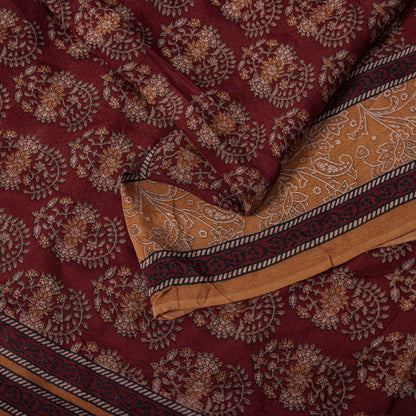 Sanskriti Vintage Saree Brown Pure Crepe Block Style Print Sari 5.5+Yd Fabric
