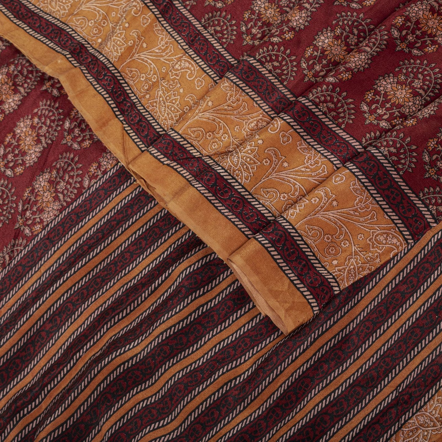 Sanskriti Vintage Saree Brown Pure Crepe Block Style Print Sari 5.5+Yd Fabric