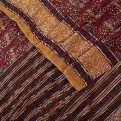 Sanskriti Vintage Saree Brown Pure Crepe Block Style Print Sari 5.5+Yd Fabric