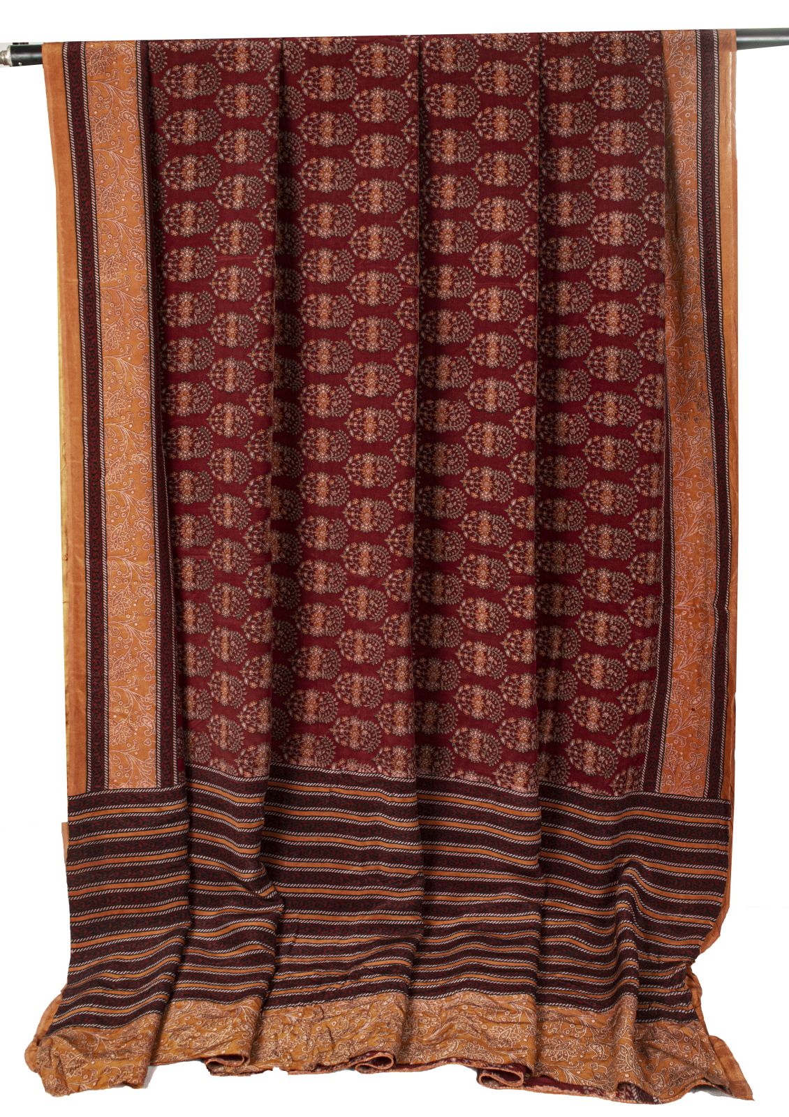 Sanskriti Vintage Saree Brown Pure Crepe Block Style Print Sari 5.5+Yd Fabric