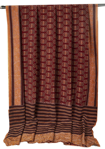 Sanskriti Vintage Saree Brown Pure Crepe Block Style Print Sari 5.5+Yd Fabric