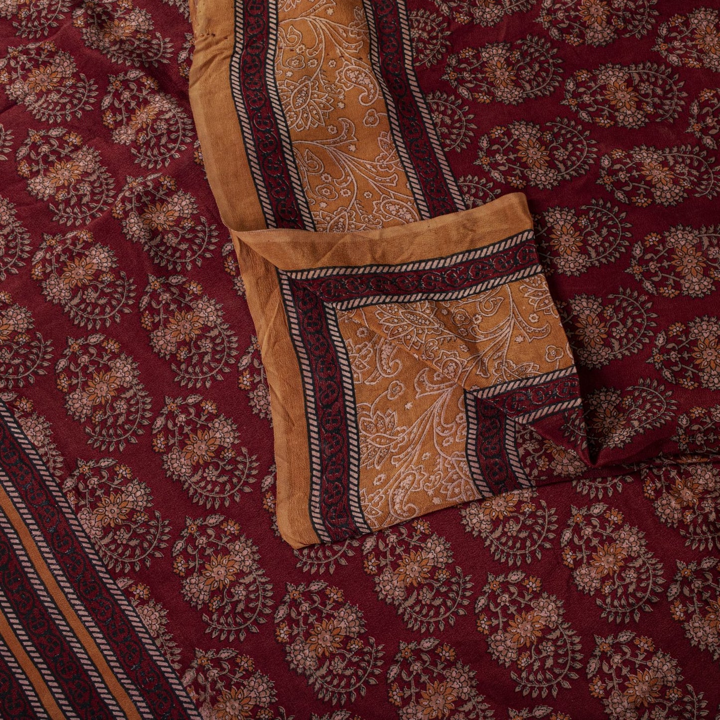 Sanskriti Vintage Saree Brown Pure Crepe Block Style Print Sari 5.5+Yd Fabric