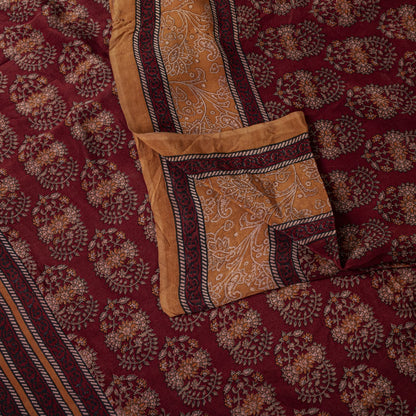 Sanskriti Vintage Saree Brown Pure Crepe Block Style Print Sari 5.5+Yd Fabric