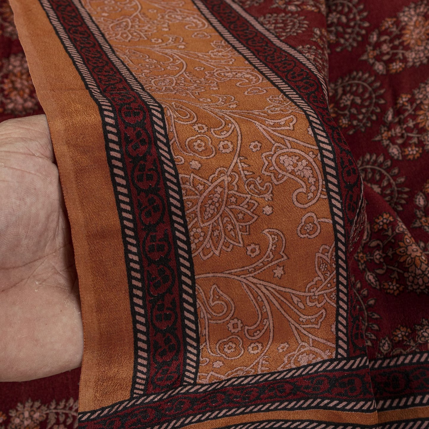 Sanskriti Vintage Saree Brown Pure Crepe Block Style Print Sari 5.5+Yd Fabric