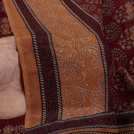 Sanskriti Vintage Saree Brown Pure Crepe Block Style Print Sari 5.5+Yd Fabric