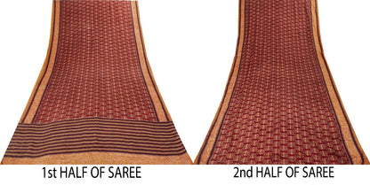 Sanskriti Vintage Saree Brown Pure Crepe Block Style Print Sari 5.5+Yd Fabric