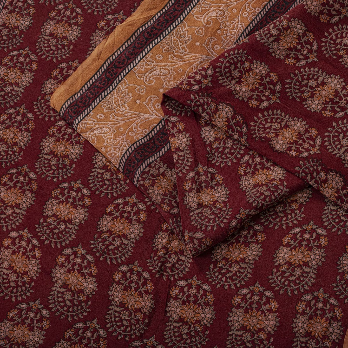 Sanskriti Vintage Saree Brown Pure Crepe Block Style Print Sari 5.5+Yd Fabric