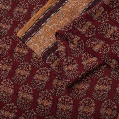 Sanskriti Vintage Saree Brown Pure Crepe Block Style Print Sari 5.5+Yd Fabric