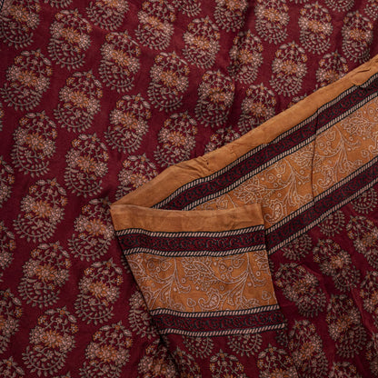 Sanskriti Vintage Saree Brown Pure Crepe Block Style Print Sari 5.5+Yd Fabric