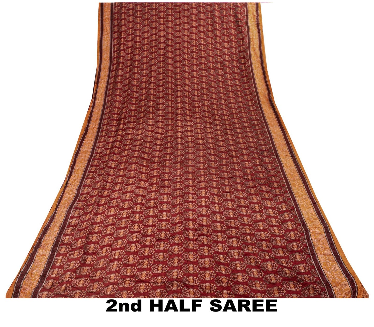 Sanskriti Vintage Saree Brown Pure Crepe Block Style Print Sari 5.5+Yd Fabric