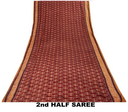 Sanskriti Vintage Saree Brown Pure Crepe Block Style Print Sari 5.5+Yd Fabric