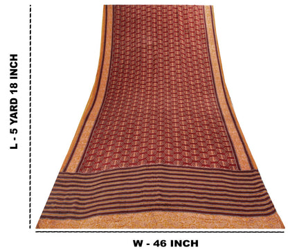 Sanskriti Vintage Saree Brown Pure Crepe Block Style Print Sari 5.5+Yd Fabric
