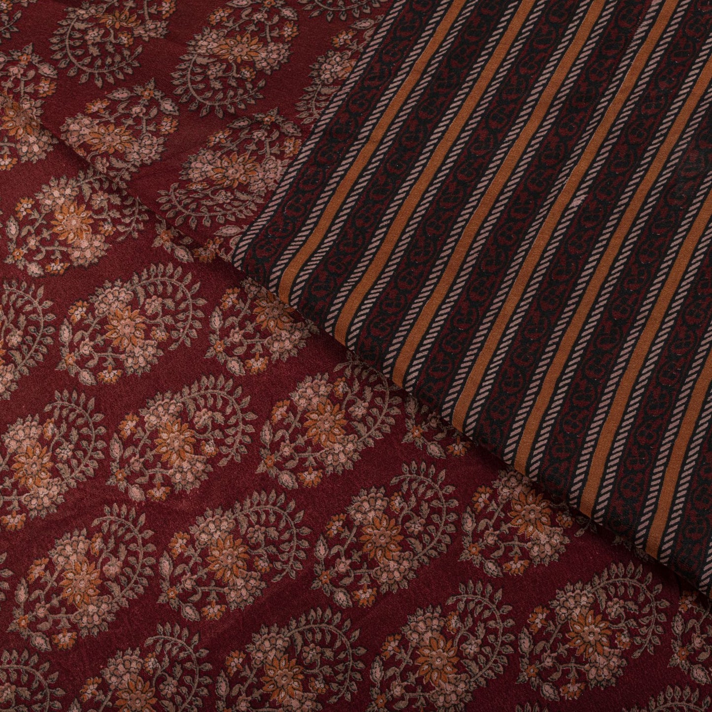 Sanskriti Vintage Saree Brown Pure Crepe Block Style Print Sari 5.5+Yd Fabric