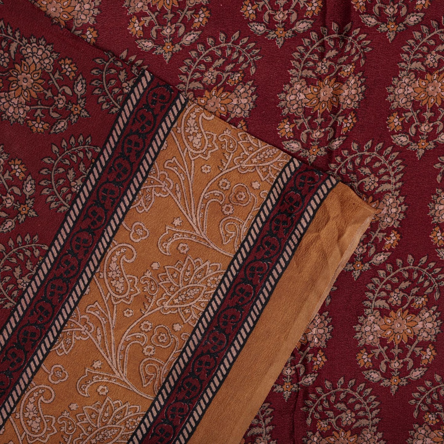 Sanskriti Vintage Saree Brown Pure Crepe Block Style Print Sari 5.5+Yd Fabric