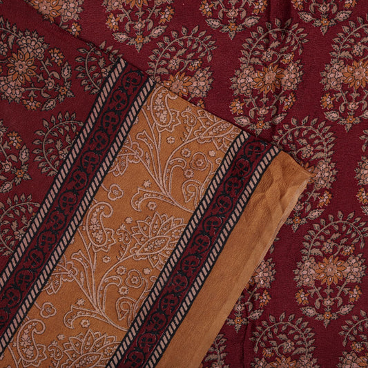 Sanskriti Vintage Saree Brown Pure Crepe Block Style Print Sari 5.5+Yd Fabric