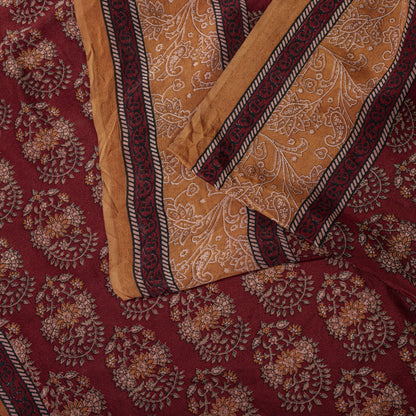 Sanskriti Vintage Saree Brown Pure Crepe Block Style Print Sari 5.5+Yd Fabric