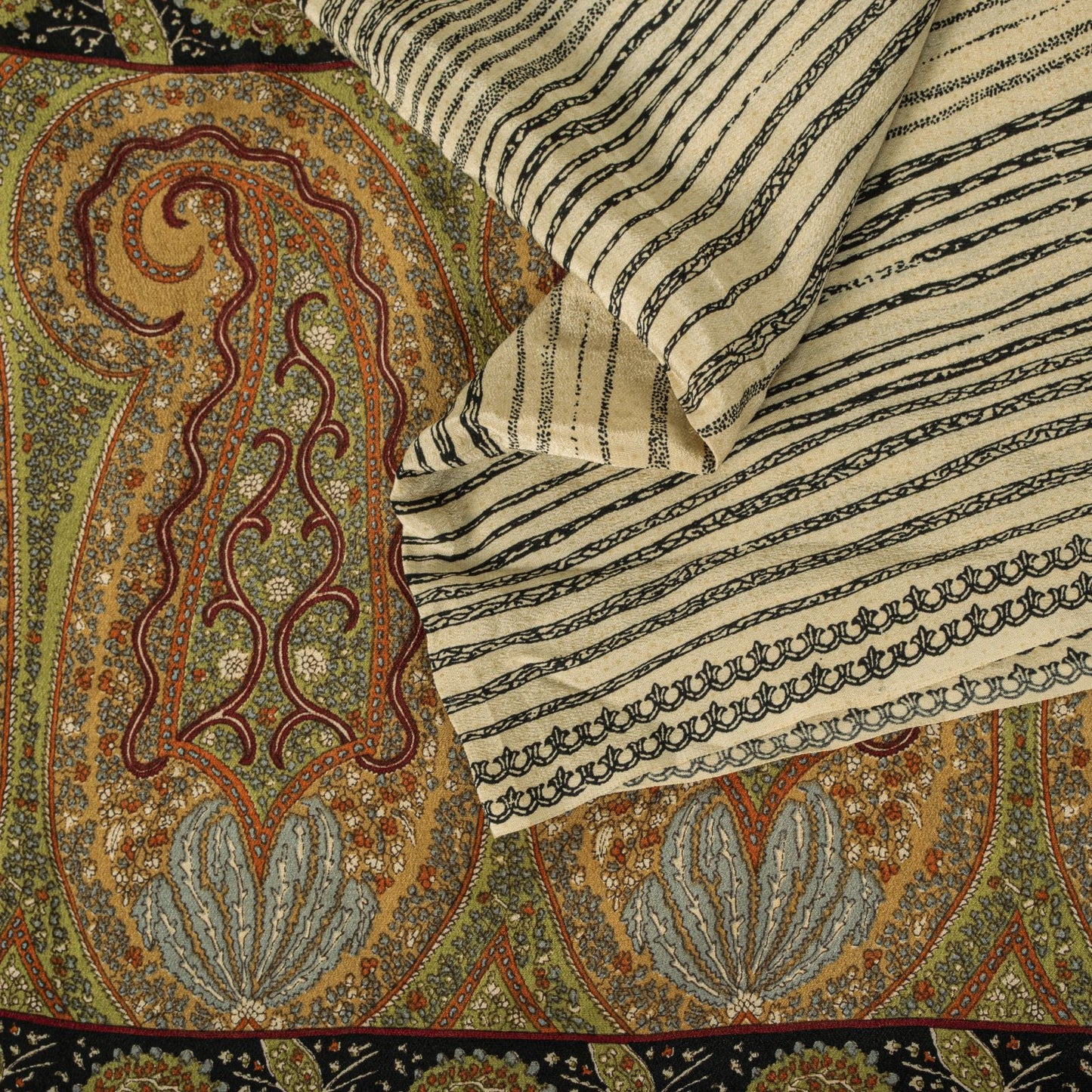 Sanskriti Vintage Saree Cream Pure Crepe Abstract Print Sari 5.5+Yd Craft Fabric