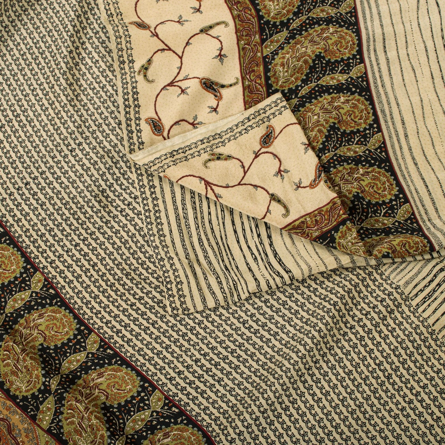 Sanskriti Vintage Saree Cream Pure Crepe Abstract Print Sari 5.5+Yd Craft Fabric