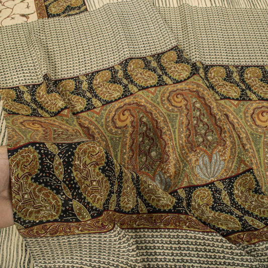 Sanskriti Vintage Saree Cream Pure Crepe Abstract Print Sari 5.5+Yd Craft Fabric