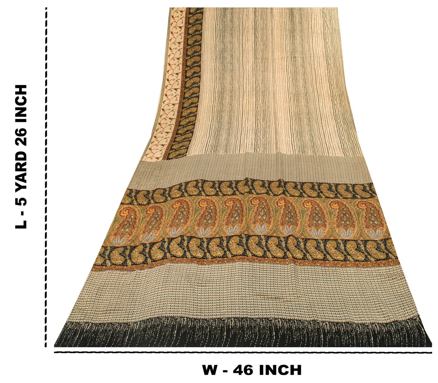 Sanskriti Vintage Saree Cream Pure Crepe Abstract Print Sari 5.5+Yd Craft Fabric