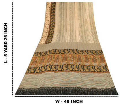 Sanskriti Vintage Saree Cream Pure Crepe Abstract Print Sari 5.5+Yd Craft Fabric