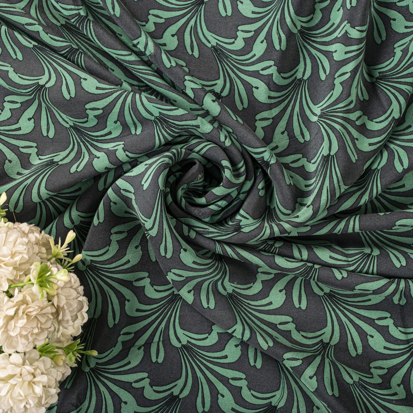 Sanskriti Vintage Saree Green Pure Crepe Floral Printed Sari 5.5Yd Craft Fabric