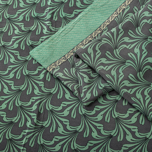 Sanskriti Vintage Saree Green Pure Crepe Floral Printed Sari 5.5Yd Craft Fabric
