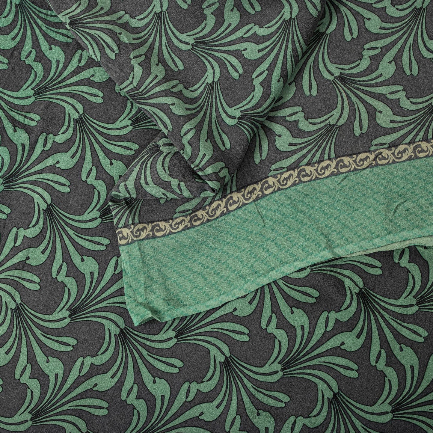 Sanskriti Vintage Saree Green Pure Crepe Floral Printed Sari 5.5Yd Craft Fabric