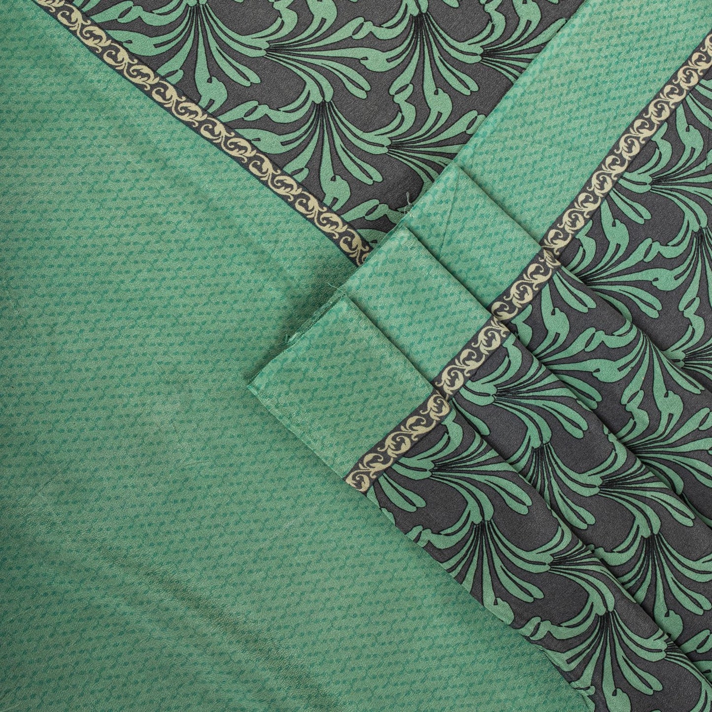 Sanskriti Vintage Saree Green Pure Crepe Floral Printed Sari 5.5Yd Craft Fabric