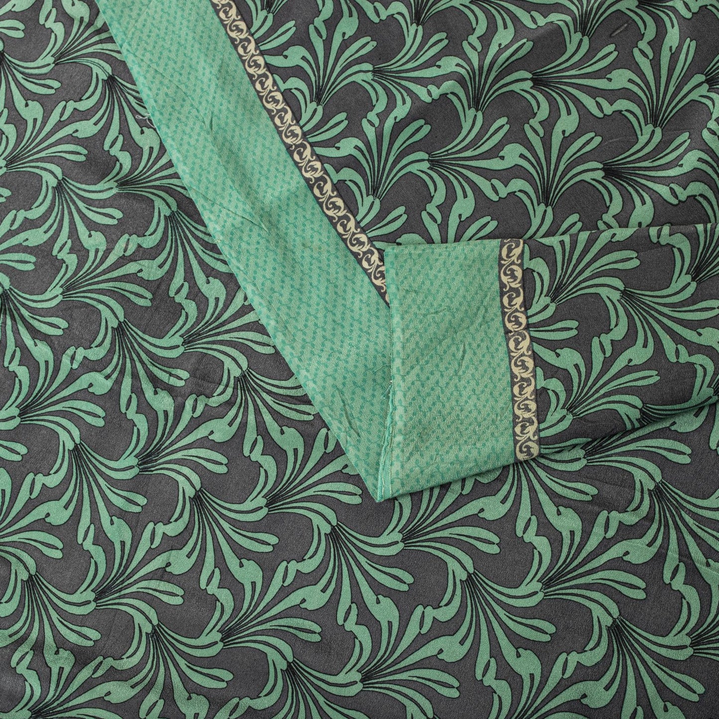 Sanskriti Vintage Saree Green Pure Crepe Floral Printed Sari 5.5Yd Craft Fabric