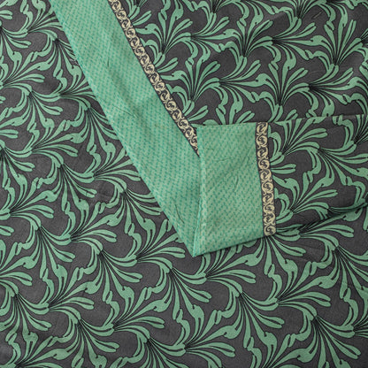Sanskriti Vintage Saree Green Pure Crepe Floral Printed Sari 5.5Yd Craft Fabric