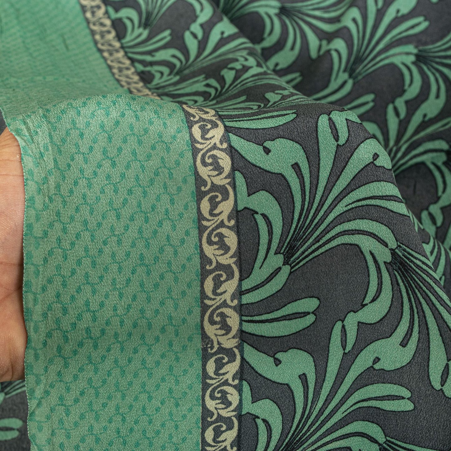 Sanskriti Vintage Saree Green Pure Crepe Floral Printed Sari 5.5Yd Craft Fabric