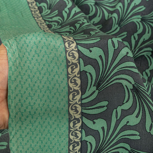 Sanskriti Vintage Saree Green Pure Crepe Floral Printed Sari 5.5Yd Craft Fabric