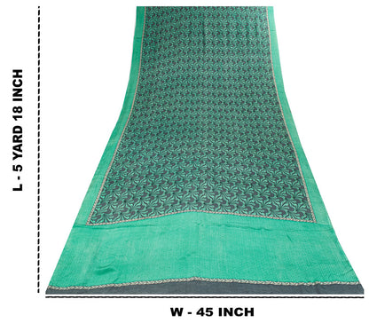 Sanskriti Vintage Saree Green Pure Crepe Floral Printed Sari 5.5Yd Craft Fabric