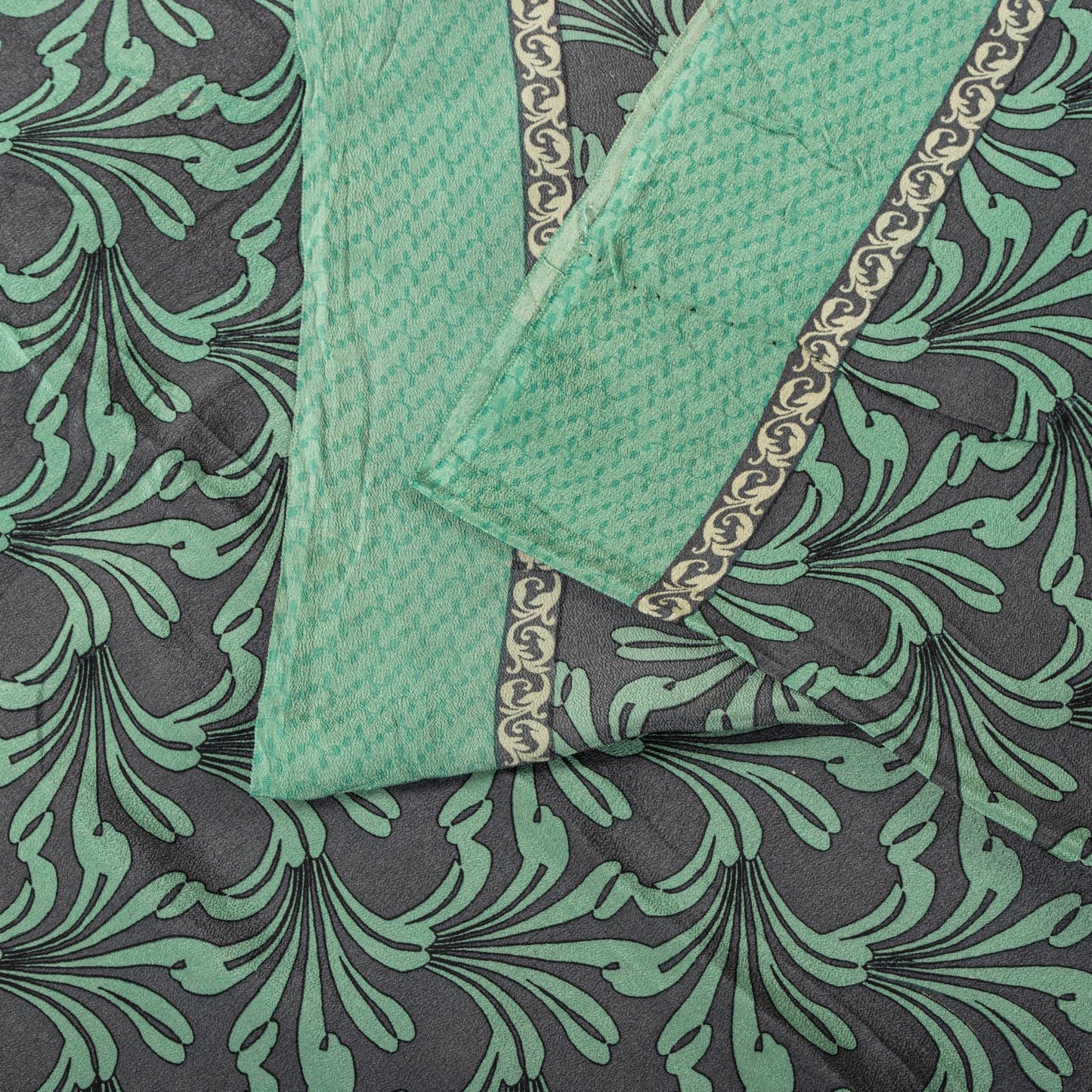 Sanskriti Vintage Saree Green Pure Crepe Floral Printed Sari 5.5Yd Craft Fabric