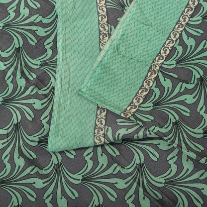 Sanskriti Vintage Saree Green Pure Crepe Floral Printed Sari 5.5Yd Craft Fabric