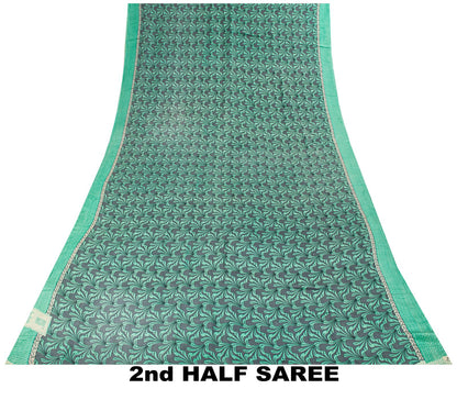 Sanskriti Vintage Saree Green Pure Crepe Floral Printed Sari 5.5Yd Craft Fabric