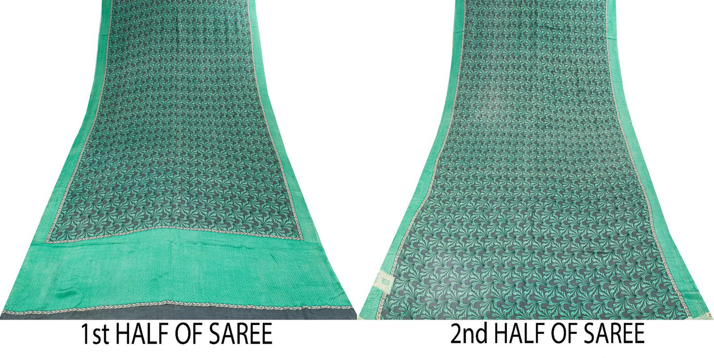 Sanskriti Vintage Saree Green Pure Crepe Floral Printed Sari 5.5Yd Craft Fabric