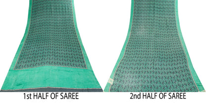Sanskriti Vintage Saree Green Pure Crepe Floral Printed Sari 5.5Yd Craft Fabric