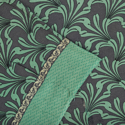 Sanskriti Vintage Saree Green Pure Crepe Floral Printed Sari 5.5Yd Craft Fabric