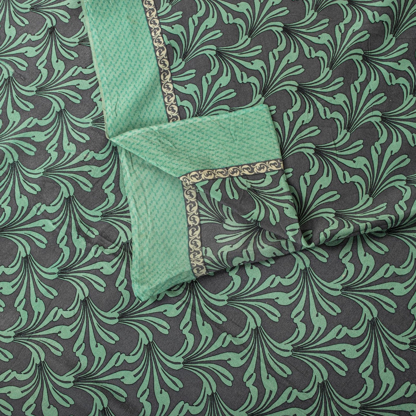 Sanskriti Vintage Saree Green Pure Crepe Floral Printed Sari 5.5Yd Craft Fabric