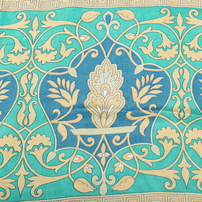 Sanskriti Vintage Blue Saree Fabric Pure Crepe Geometric Print Sari 5.5+Yd Craft