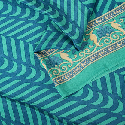 Sanskriti Vintage Blue Saree Fabric Pure Crepe Geometric Print Sari 5.5+Yd Craft
