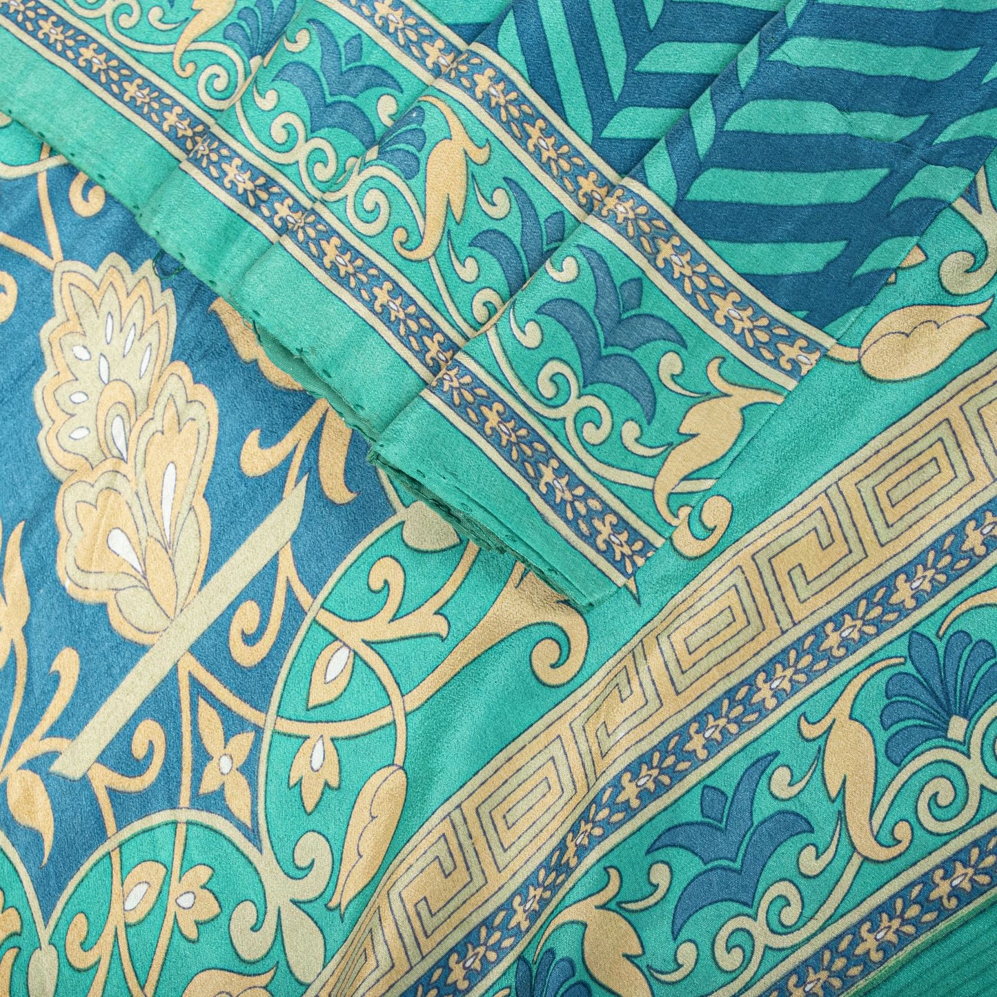 Sanskriti Vintage Blue Saree Fabric Pure Crepe Geometric Print Sari 5.5+Yd Craft